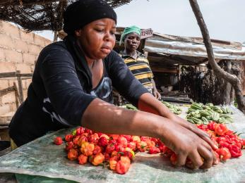 A person organizing vegetables on a table.