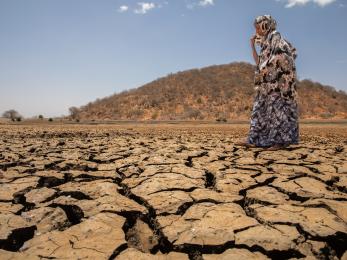 A person walking across dried earth.