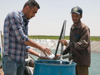 Two people working on a water system.