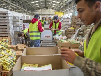 In amman, jordan, workers pack 1,300 mercy corps food which will arrive in egypt and trucked across the border into gaza for distribution.