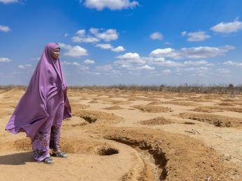 Kenyan woman looks out over arid agricultural land.